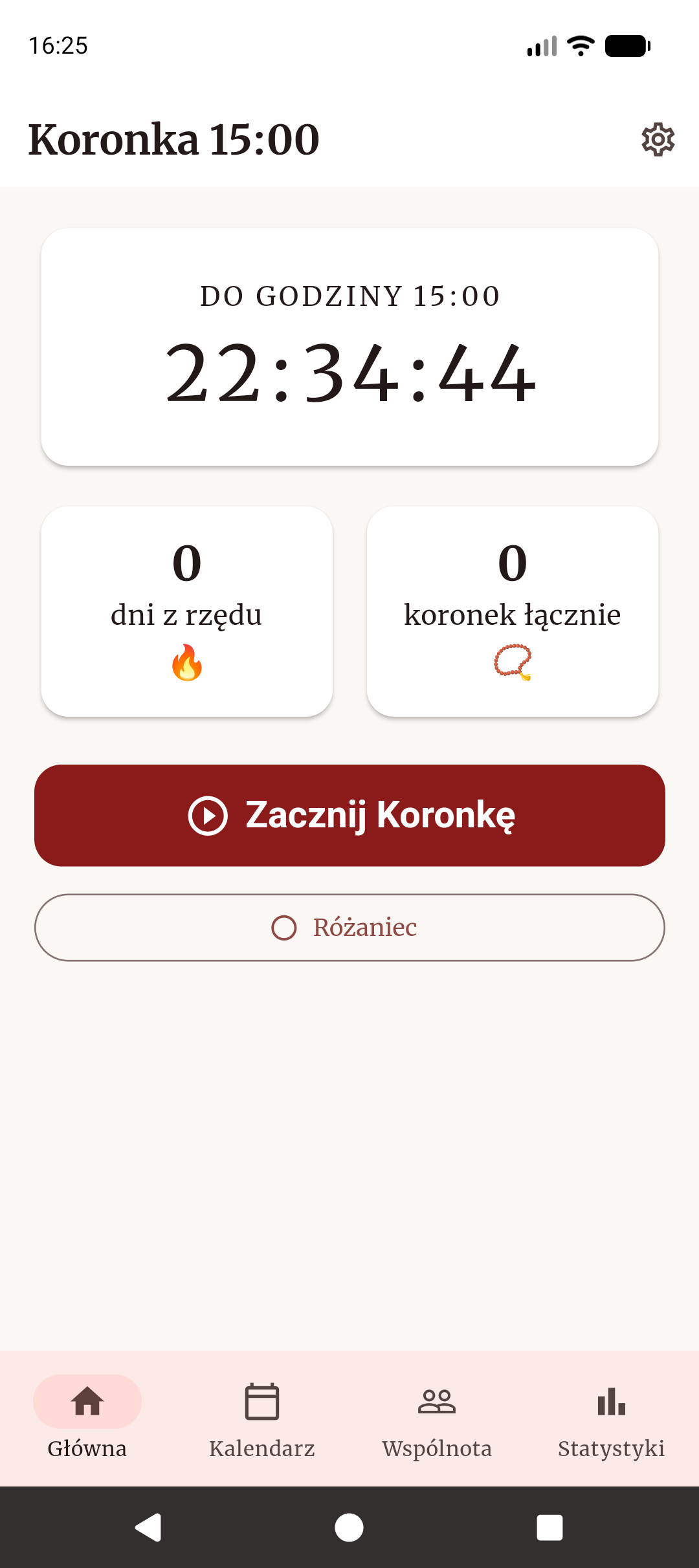 Ekran główny — odliczanie do 15:00